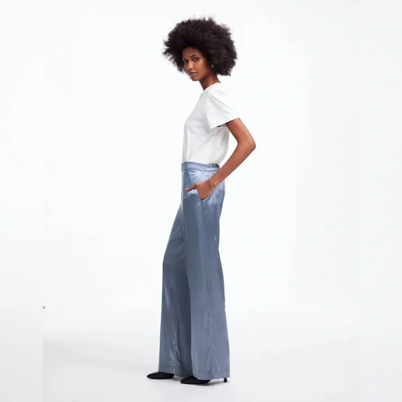 NWOT Madewell Pull-On Straight Pants in Stretch Satin - XS - Silver